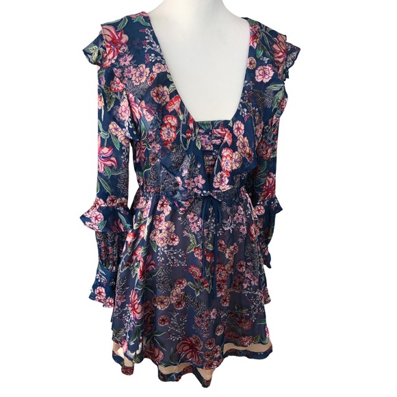 For Love And Lemons Dresses & Skirts - For Love And Lemons Blue Floral Romantic Feminine Silk Blend Mini Dress Sz XS